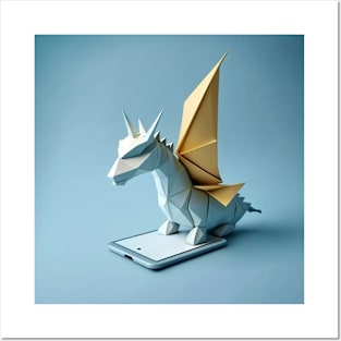 Nordic origami dragon sitting on the phone Posters and Art